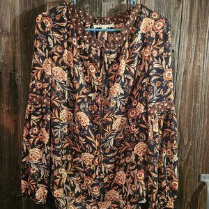 Rose + Olive Floral Boho Peasant Blouse – Navy/Autumn Tones – Size M